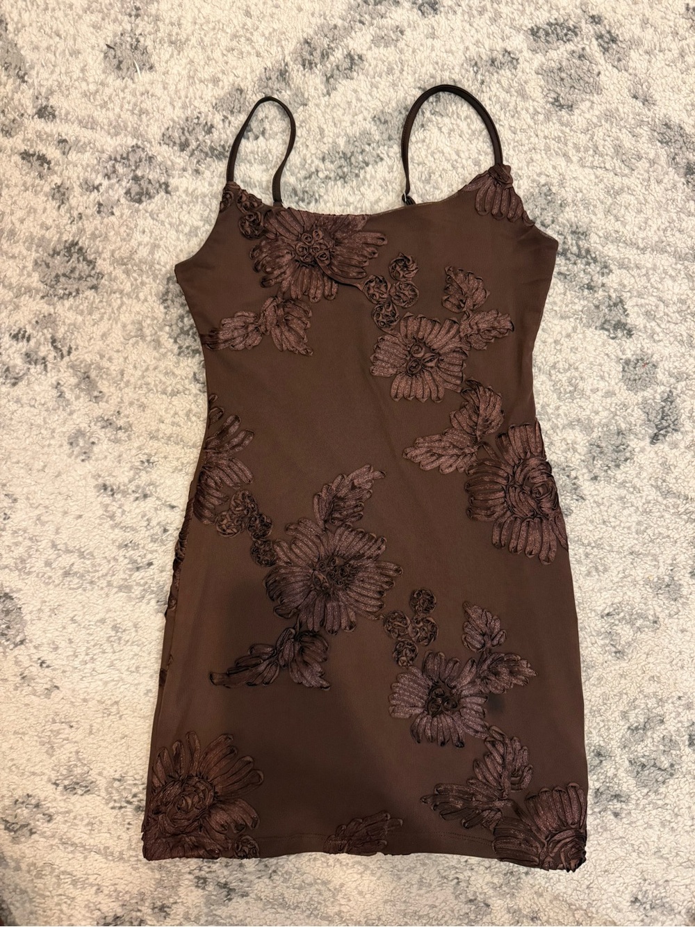 Brown Floral Appliqué Slip Dress
